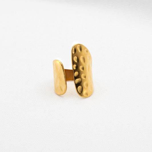 18K Gold stainless steel ring with a textured design on a white background