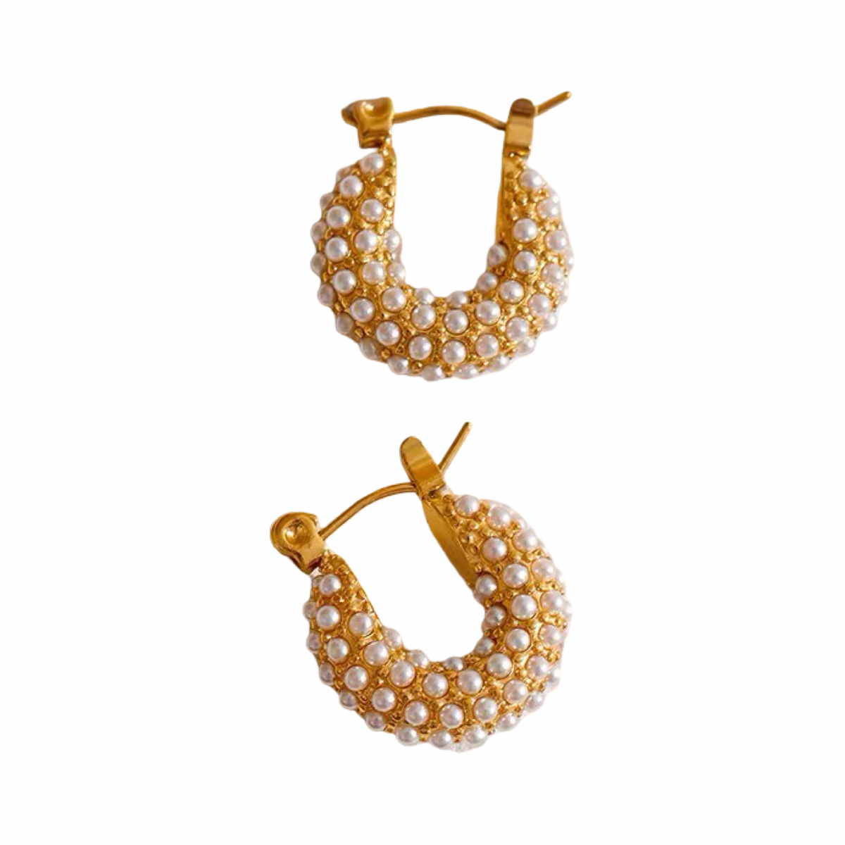 Pair of gold hoop earrings with pearl-like beads on a white background