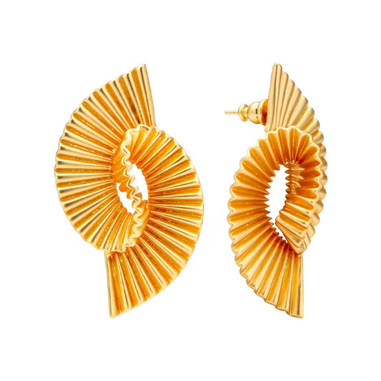 Gold earrings with a fan-like design on a white background