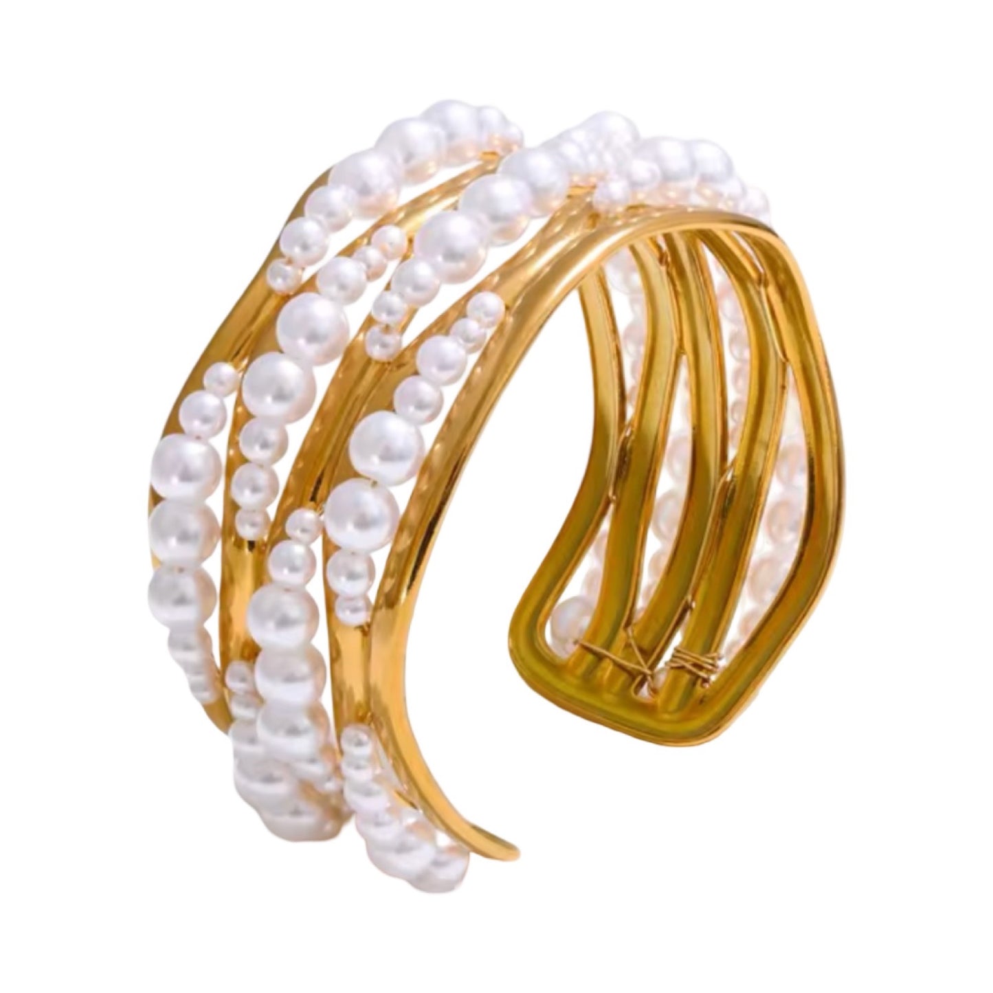 Gold bracelet with pearls on a white background