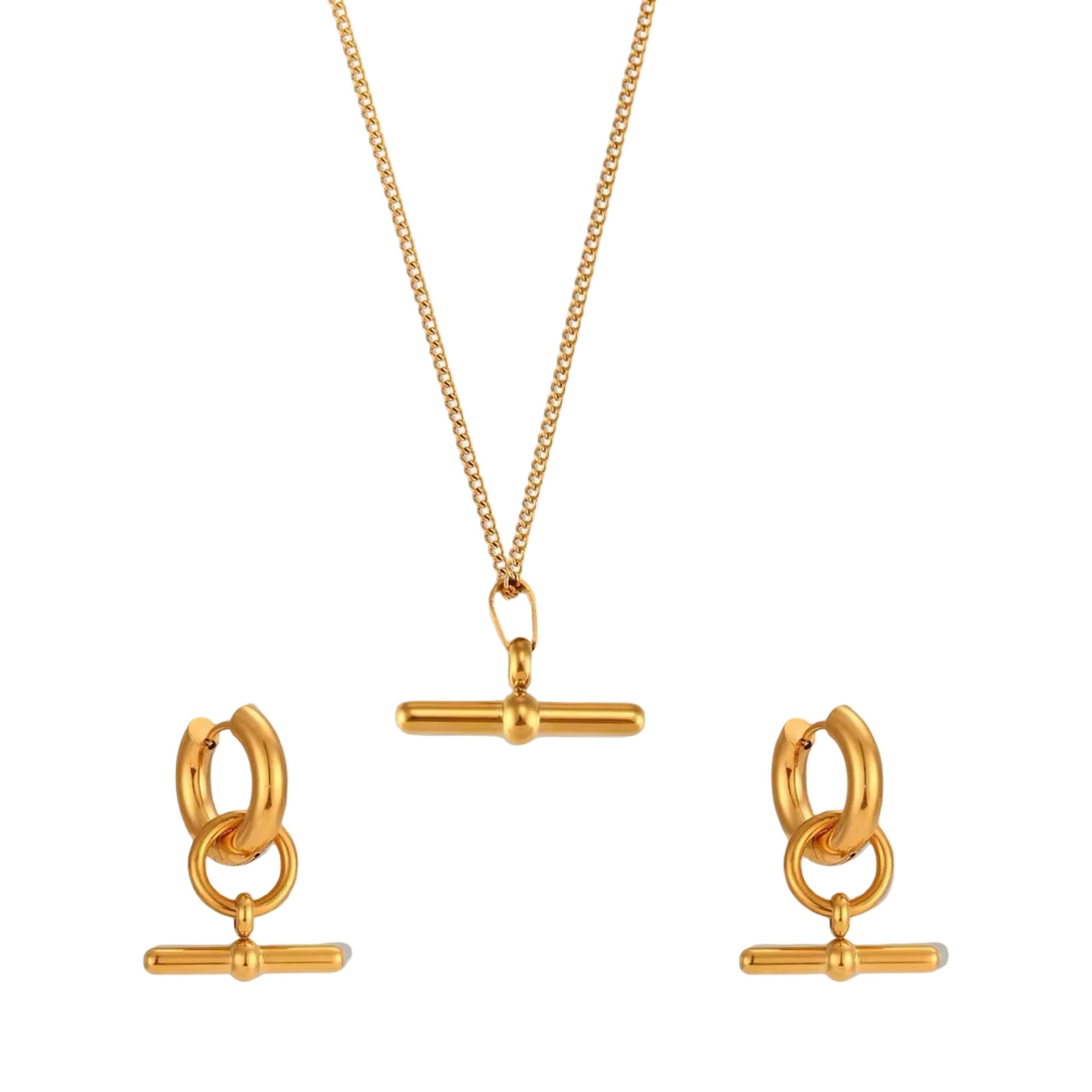 TBAR Gold necklace and earrings set on a white background