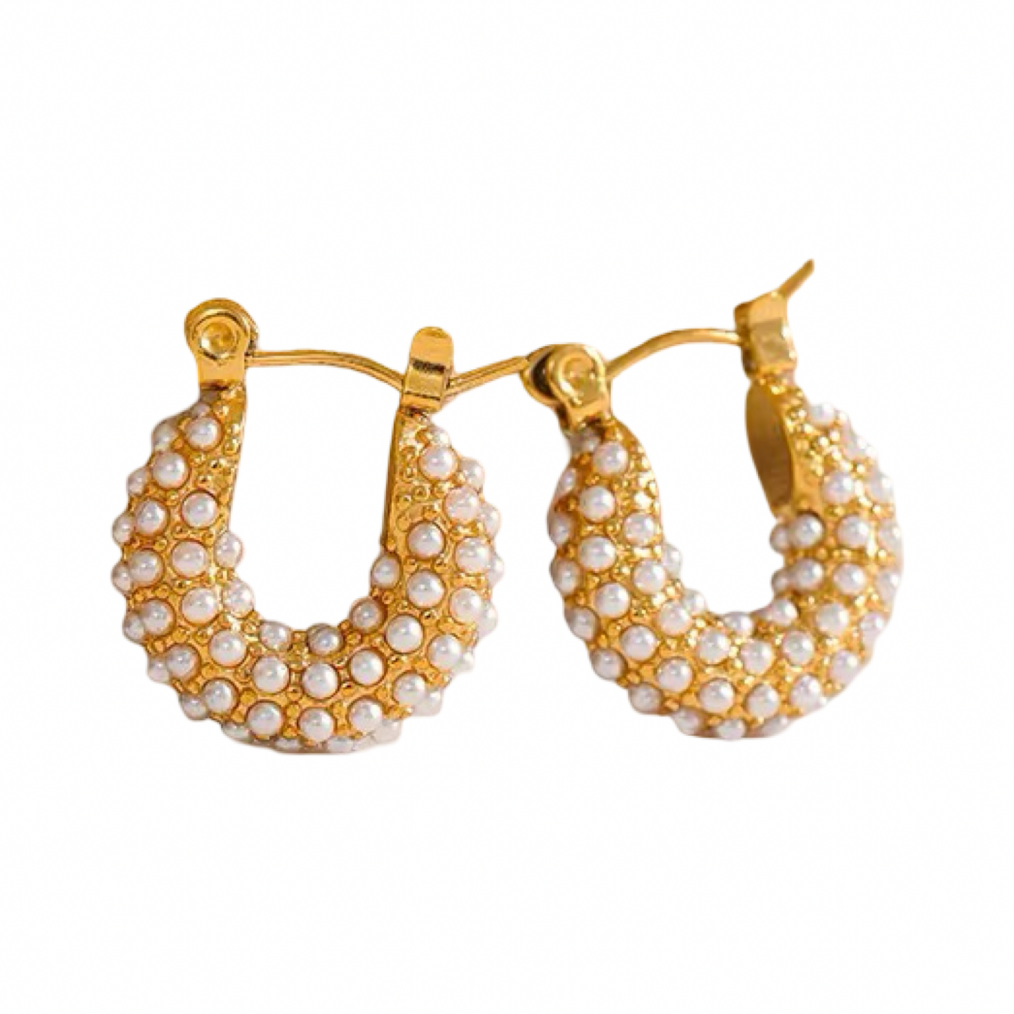 Gold hoop earrings with pearl-like beads on a white background