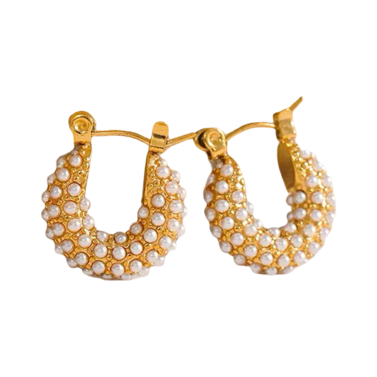 Gold hoop earrings with pearl-like beads on a white background