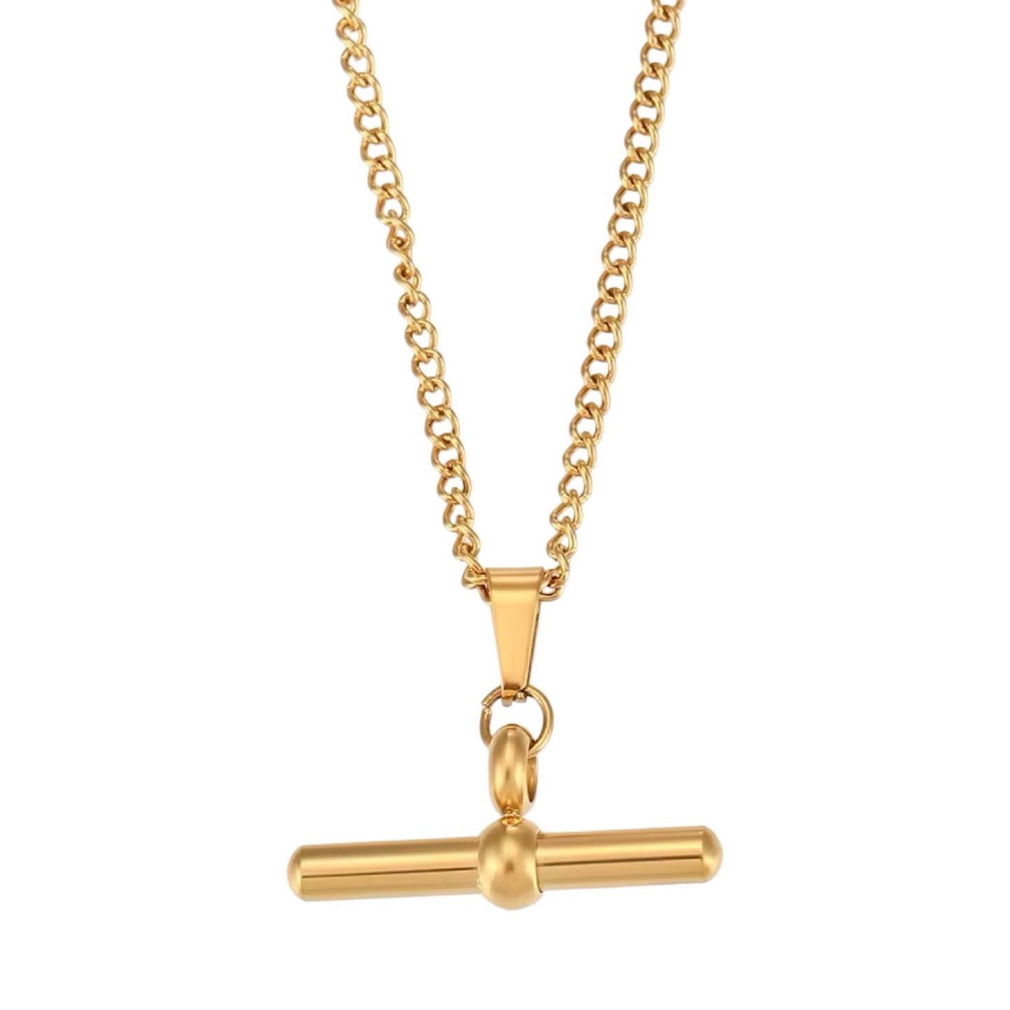 Gold necklace with a unique pendant on a white background