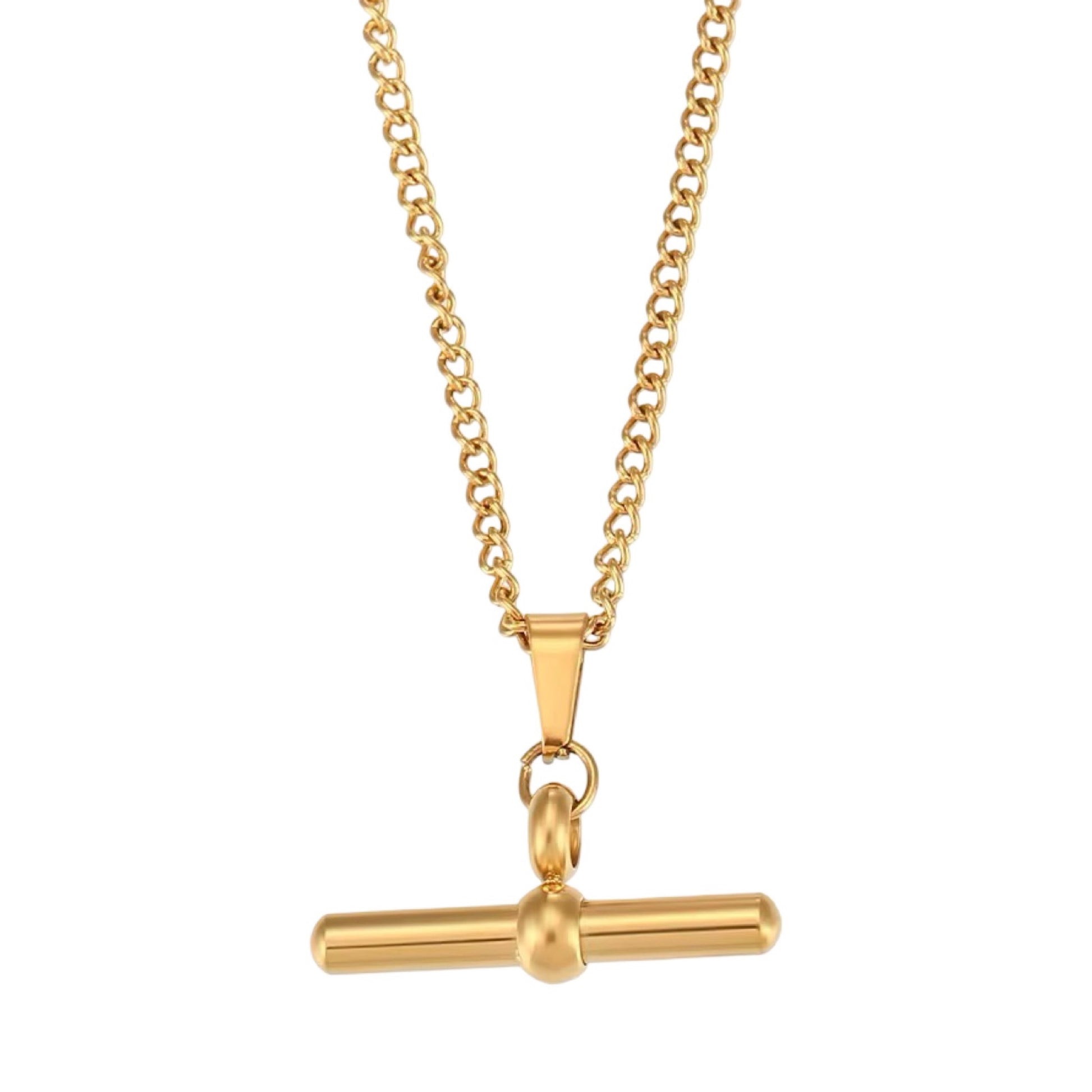 Gold necklace with a unique pendant on a white background