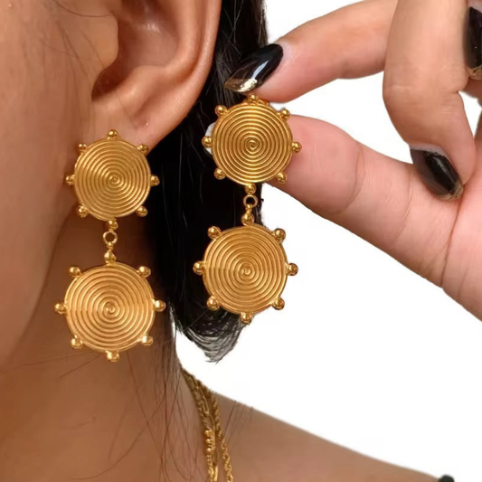 Gold earrings with circular design worn by a person on a white background