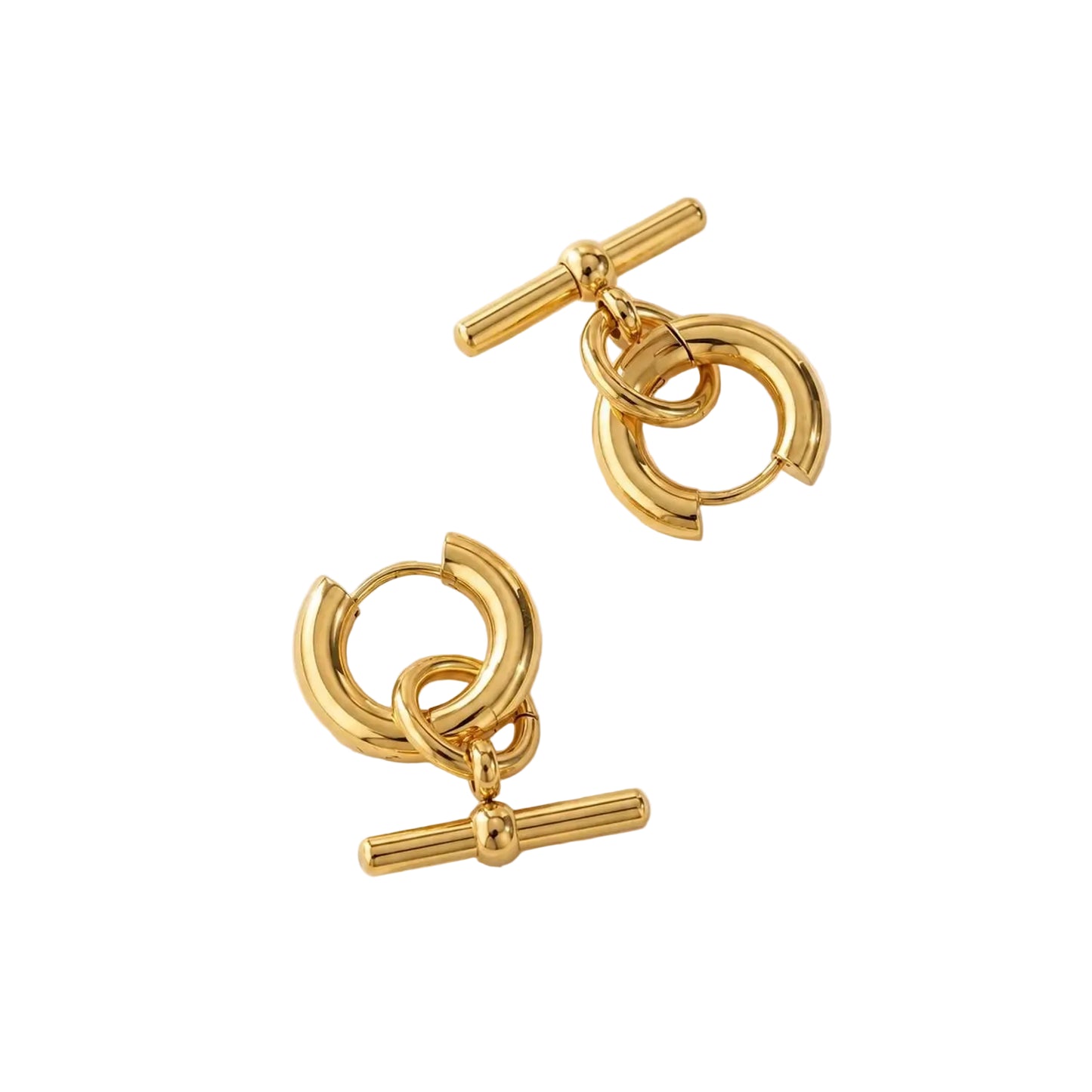 Pair of herae t-bar gold hoop earrings with a bar design on a beige background