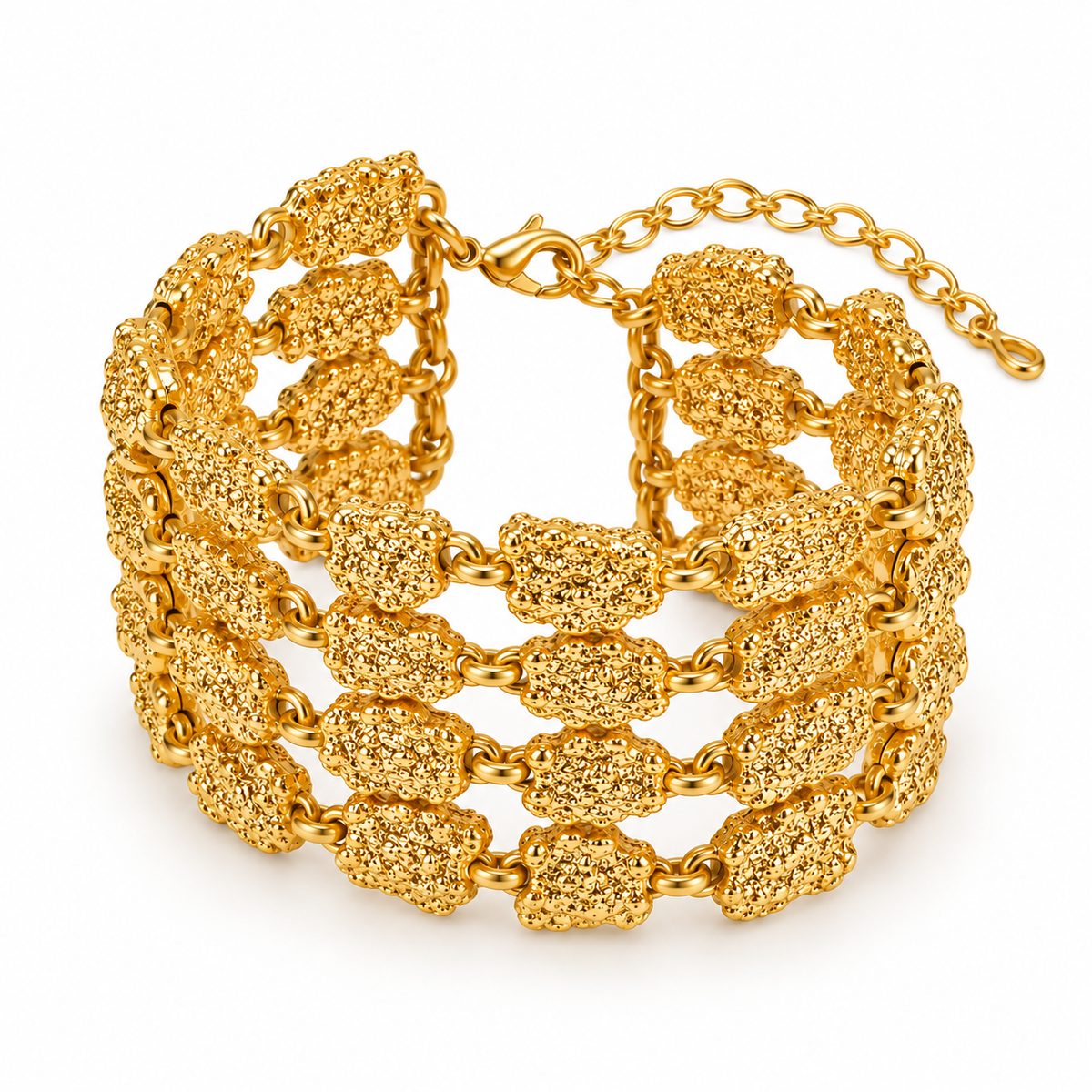 A gold-plated multi-strand cuff bracelet featuring textured, rounded links connected by a fine chain, shown on a clean white background.